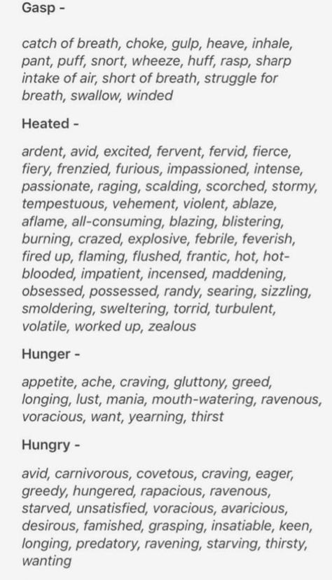 List of better ways to describe (gasp, heated, hunger, hungry) in writing Expression In Writing, Good Writing Ideas, How To Make Your Writing More Interesting, Cool Story Ideas, Writing Tips Novel, Story Writing Ideas, Expression Writing, Story Writing Tips, Expression Chart