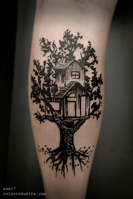 treehouse Tree House Tattoo, Treehouse Tattoo, Linocut Tattoo, Treehouse Illustration, Twenty One Pilots Tattoo, Chris Tattoo, Pilot Tattoo, House Tattoo, Castle Tattoo