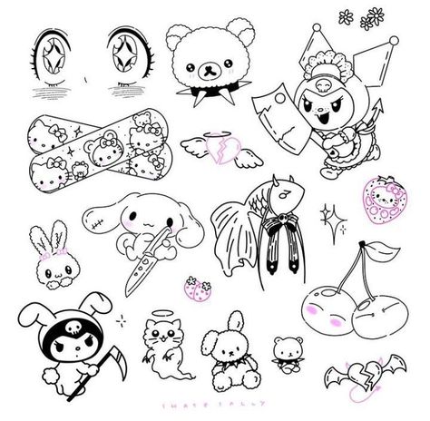 Kawaii aesthetic Sanrio cinnamoroll cute tattoo designs anime dark cute core line art hello kitty my melody kourmi Kawaii Flash Tattoo, Spooky Tattoo Flash, Tattoos Spooky, Kitty Tattoos, Tattoos Cute, Hello Kitty Tattoos, Sharpie Tattoos, Kawaii Tattoo, Doodle Tattoo