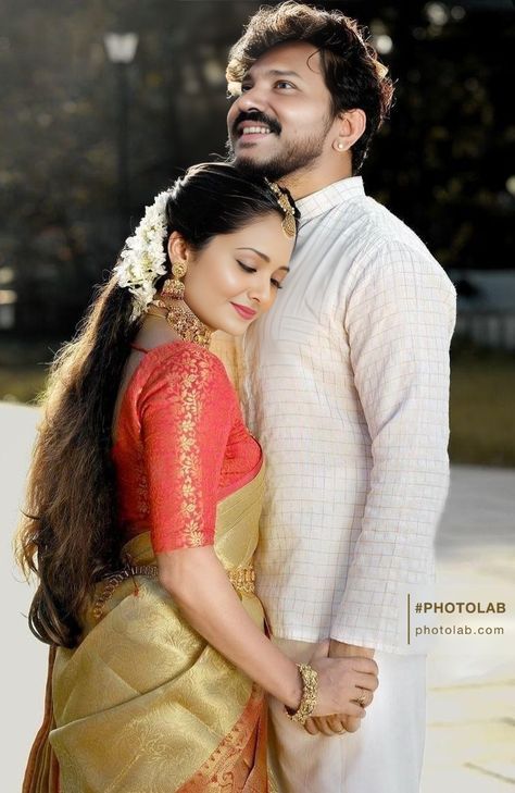 Hindu Marriage Couple Photography, Couple Pose Saree, Couple Photo In Saree, South Indian Pre Wedding Photoshoot, South Indian Couple Photoshoot, Saree Couple Poses, Tamil Photoshoot, Couple Poses In Saree, Traditional Couple Photoshoot