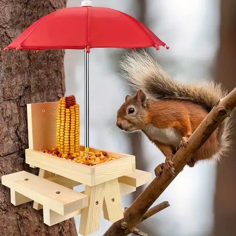 Chipmunk Feeder, Squirrel Picnic Table Feeder, Squirrel Feeder Diy, Squirrel Picnic Table, Squirrel Feeders, Pet Feeding Station, Table With Umbrella, Wooden Picnic Tables, Squirrel Feeder