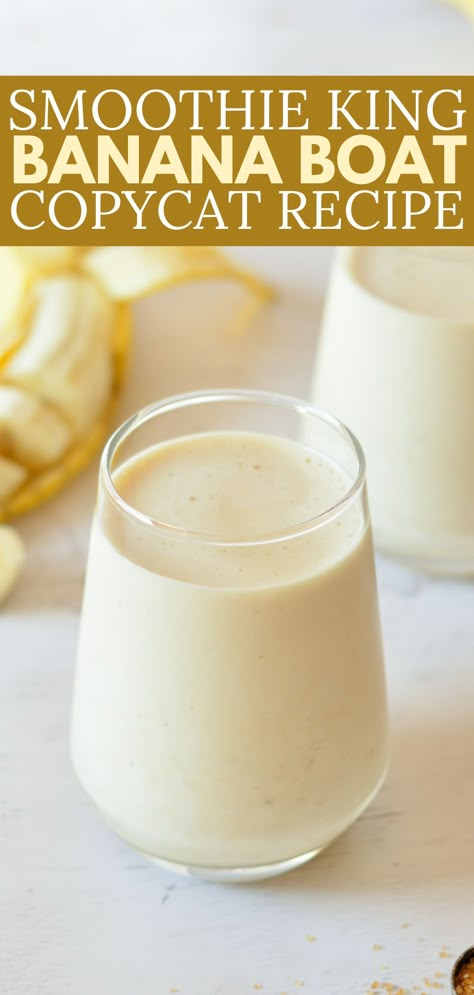 banana smoothie Smoothie King Recipes, Banana Boat Recipe, Smoothie At Home, Banana Dessert Recipes, Fruit Smoothie Recipes Healthy, Banana Shake, Banana Drinks, Smoothie King, Banana Smoothie Recipe