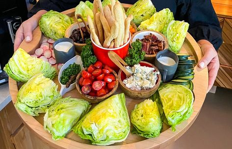 Wedge Salad Platter For A Crowd, Deconstructed Wedge Salad, Wedge Salad Board Ideas, Fancy Wedge Salad, Wedge Salad Dip, Wedge Salads For A Crowd, Italian Wedge Salad, Best Wedge Salad Recipe, Steak Wedge Salad