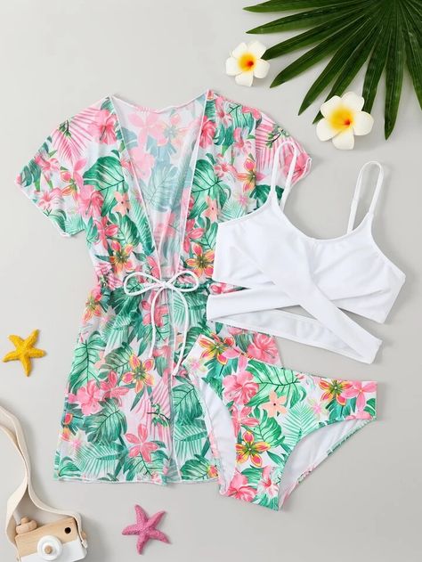 SHEIN Kids SUNSHNE Girls 3pack Tropical Print Crisscross Bikini Swimsuit & Drawstring Waist Kimono | SHEIN USA Bright Swimwear, Cute Outfits With Shorts, Bathing Suit Outfits, Pretty Swimwear, Pool Party Outfits, Tropical Outfit, Trendy Swimsuits, Cute Dress Outfits