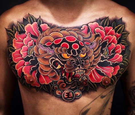 Japanese chest tattoo by @jin_qchoi. #japaneseink #japanesetattoo #irezumi #tebori #colortattoo #colorfultattoo #cooltattoo #largetattoo #chesttattoo #foodog #foodogtattoo #flowertattoo #peonytattoo #newschool #newschooltattoo #blackwork #blackink #blacktattoo #wavetattoo #naturetattoo Foo Dog Tattoo Meaning, Chest Tattoo Japanese, Japanese Foo Dog, Foo Dog Tattoo Design, Full Chest Tattoos, Foo Dog Tattoo, Fu Dog, Cool Chest Tattoos, Chest Tattoos