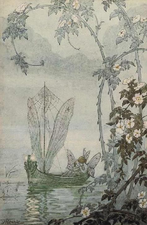 The Fairy Boat ~ Hilda Hechle. Fairy Boat, Ship Illustration, 동화 삽화, Fairy Illustration, Nature Spirits, Fairytale Illustration, Fairies Elves, Vintage Fairies, Flower Fairies