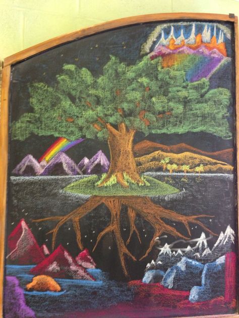 Yggdrasil, first Norse mythology block. Grade 4, Waldorf School of Atlanta. Norse World Tree, North Mythology, Chalkboard Drawing, Blackboard Drawing, Cardboard Castle, World Tree, Chalkboard Drawings, Form Drawing, Creation Myth