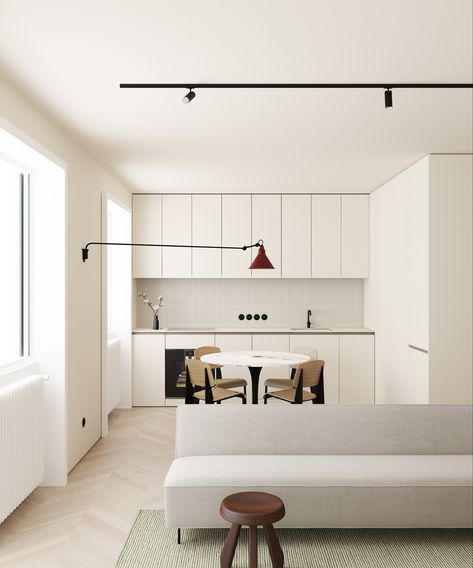 Copenhagen is a minimalist interior located in Copenhagen, Denmark, designed by Emil Dervish. The space is characterized by natural tones and materials and utilizes built-ins to form partitions and additional storage space. Herringbone floors are laid out throughout the home, with small square tiles lining the floors and walls of the bathroom. The open floor plan allows natural light to spread throughout the space, and provide a more open and welcoming environment for guests. Design Portfolio Layout, Copenhagen Apartment, Minimalist Dekor, Interior Minimalista, Interior Modern, Minimalism Interior, Scandinavian Interior, A Living Room, Open Plan Kitchen