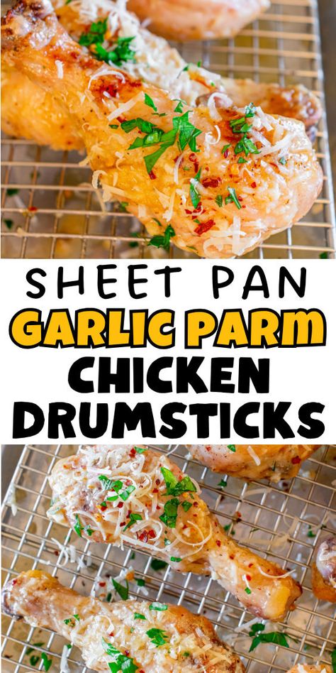 Garlic parm chicken drumsticks on a sheet pan Sheet Pan Chicken Drumsticks, Red Potatoes Oven, Drumstick Recipes Oven, Drumsticks Oven, Chicken Drumsticks Recipe, Drumsticks Recipe, Honey Garlic Pork Chops, Baked Chicken Drumsticks, Yummy Bites