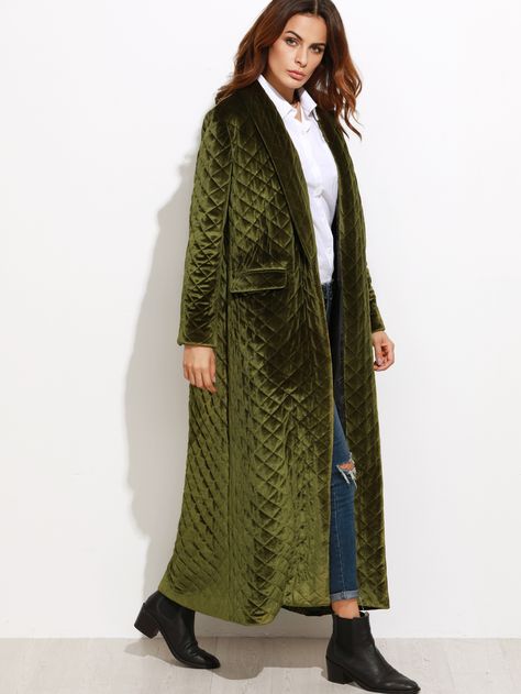 long line velvet coat Velvet Coat Women, Girls Long Coat, Long White Coat, Long Green Coat, Winter Long Coat, Green Shawl, Long Quilted Coat, Quilted Velvet, Velvet Dress Designs