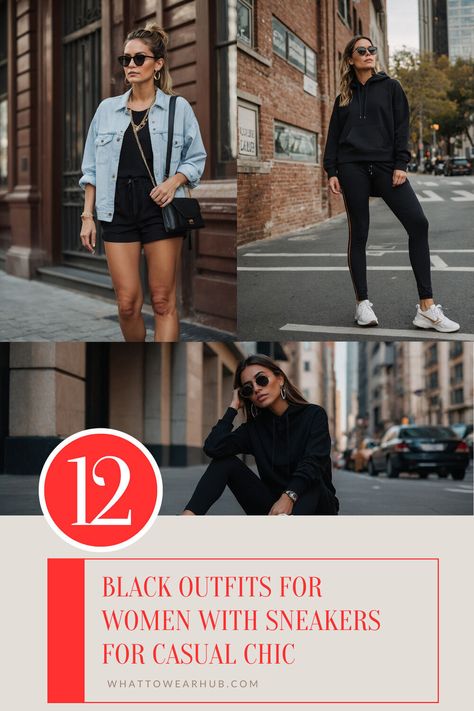 Perfect for a casual day out, these 12 black outfits paired with sneakers offer a stylish twist on comfortable fashion. #CasualOutfits #BlackAndSneakers #FashionInspo Black Outfits With Sneakers, Casual Outfits With Sneakers, Black Outfits For Women, Outfit With Sneakers, Outfits With Sneakers, Casual Christmas Party, Chic Black Outfits, Casual Christmas Party Outfit, Black Outfits