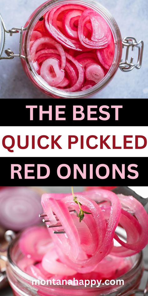 Refrigerator Quick Pickled Red Onions - BEST RECIPE!! | Montana Happy Pickled Red Onions For Tacos, Best Pickled Red Onion Recipe, Keto Pickles, Easy Pickled Red Onions, Pickle Onions Recipe, Easy Pickling Recipes, Pickled Vegetables Recipe, Red Onion Recipes, Quick Pickled Red Onions