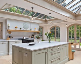 Find out how to add a conservatory Conservatory Kitchen Ideas, Orangery Kitchen, Marble Splashback, Kitchen Orangery, Kitchen Conservatory, Orangery Extension, Conservatory Kitchen, Kitchen Diner Extension, Kitchen Extensions