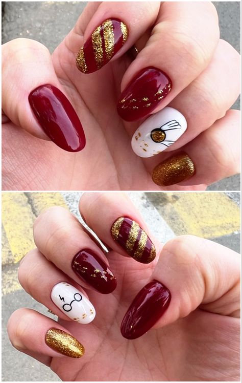 Harry Potter Nail Art Gryffindor, Gryffindor Nails Acrylic, Grifindor Nails, Gryffindor Nails Harry Potter, Harry Potter Nails Designs Gryffindor, Simple Harry Potter Nails Gryffindor, Harry Potter Gryffindor Nails, Gryffindor Nail Art, Harry Potter Nails Gryffindor