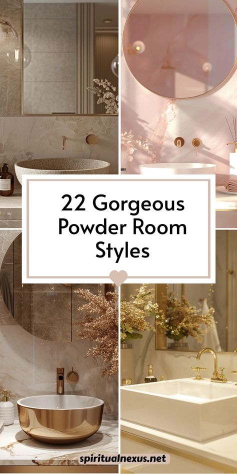 Add style and charm to your powder room with these 22 gorgeous ideas. Think opulent finishes, statement lighting, and beautiful greenery for a fresh and luxurious vibe. #GorgeousBathrooms #HomeStyling #PowderRoomIdeas Soft Pink Powder Room, Feminine Powder Room Ideas, Powder Room Bathroom Vanity, Master Bath Toilet Room Decor, Gorgeous Powder Rooms, Powder Room Ideas Gold Accents, Beautiful Master Bathrooms Luxury, Powder Room Modern Design, Beautiful Powder Rooms Luxe