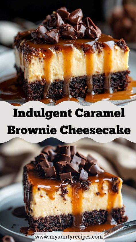 Experience the ultimate dessert treat with this irresistible caramel brownie cheesecake. The fudgy brownie base pairs perfectly with the velvety cheesecake layer, topped off with a generous amount of caramel sauce. Serve it at your next gathering and watch it disappear! Caramel Brownie Cheesecake, Caramel Chocolate Cheesecake, Brownie Cheesecake Recipe, Chocolate Caramel Cheesecake, Cheesecake Delight, Cheesecake Layer, Brownie Cheesecake, Cheesecake Toppings, Chocolate Cheesecake Recipes