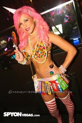 This sexy candy costume was inspired by my sheer LOVE of candy. The entire costume aside from the stockings was made entirely of candy or from its wrappers Anything But Clothes Party, Abc Costumes, Anything But Clothes, Candy Costume, Abc Party Costumes, Abc Party, Candy Costumes, Fantasy Fest, Homemade Halloween Costumes