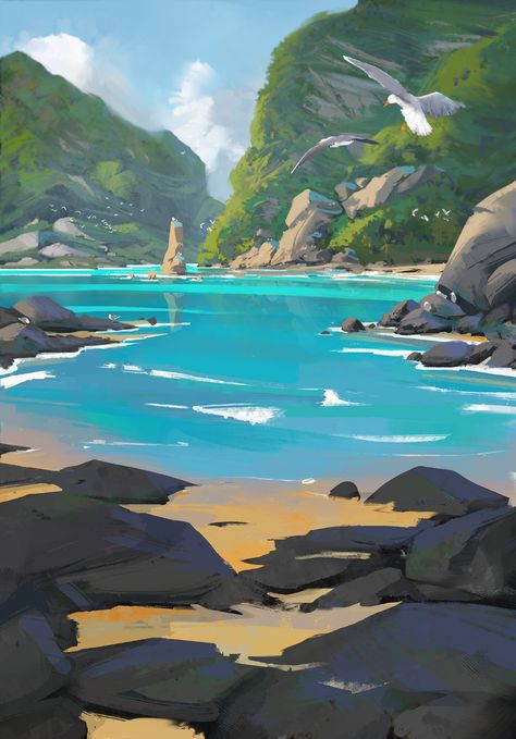 ArtStation - Seagulls, Tom Lopez Sea Illustration, Bodies Of Water, Tropical Background, Fantasy Background, Paintings And Drawings, Landscape Concept, Image Painting, Island Art, Arte Sketchbook