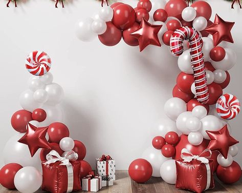 Balloon Ideas For Christmas, Candy Cane Balloon Garland, Christmas Theme Balloon Arch, White Christmas Balloon Decor, Xmas Balloon Decorations, Candy Cane Balloon Arch, Balloon Arch Christmas, Balloon Garland Designs, Holiday Balloon Arch