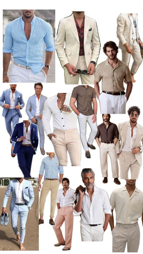 Beach Wedding Suits For Men Guest, Men Italian Wedding Outfit, Wedding Attire Mood Board, Engagement Party Outfit Guest Men, Cancun Wedding Outfit Guest Men, Garden Formal Attire Men, Resort Formal Wedding Attire, Dressy Casual Wedding Attire Men, Men Cocktail Attire Wedding