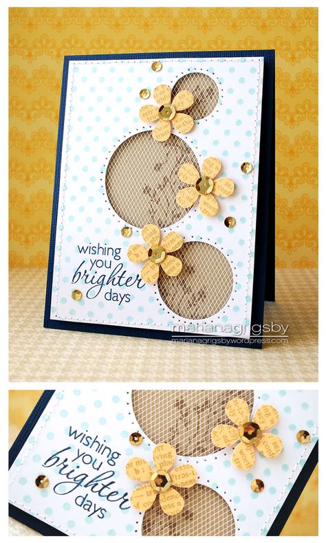 pretty card...luv the use of tulle ribbon over the stamped kraft paper behind the negative circle die cuts... Cards With Flowers, Some Cards, Get Well Cards, Pretty Cards, Card Layout, Card Sketches, Floral Cards, Creative Cards, Sympathy Cards