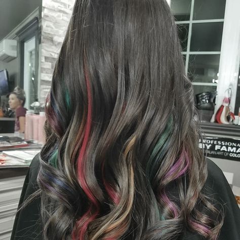 Dark Brown Hair With Rainbow Highlights, Colorful Lowlights, Rainbow Highlights In Brown Hair, Rainbow Highlights Hair Brown, Dizzy Tremaine, Rainbow Hair Highlights, Cute Hair Colors, Rainbow Hair Color, Hair Color Streaks