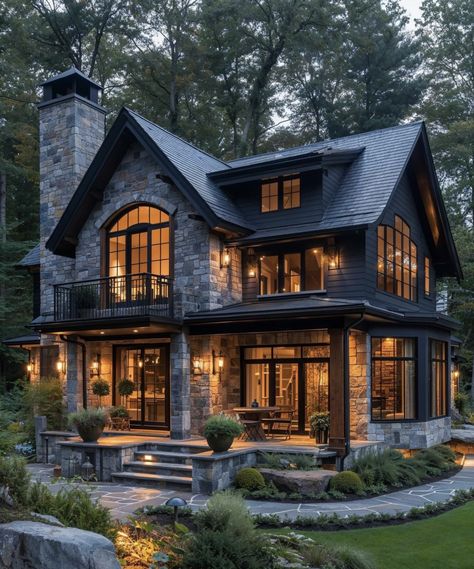 Rustic Facade Design, Nice Buildings Architecture, Farmhouse Bloxburg Exterior, Homes With Character Exterior, Black Luxury House Exterior, Witchy House Exterior, Dark Wood House, Dream Home Layout, Houses Entrance