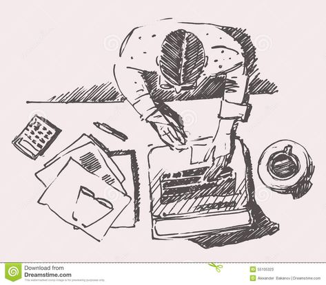 Sketch Of Man With Computer Office Work Hand Drawn Stock Vector - Image: 55105323 Office Drawing References, Office Drawing Sketch, Desk Drawing Sketch, Sketch Of Man, Office Sketch, Top View Illustration, Computer Sketch, Desk Drawing, Office Drawing