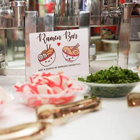 Late Night Snack Bar Wedding, Instant Ramen Bar Wedding, Late Night Ramen Bar Wedding, Ramen Bar Ideas, Ramen Noodle Bar Party, Ramen Bar Party, Maruchan Bar, Ramen Bar Wedding, Wedding Reception Set Up