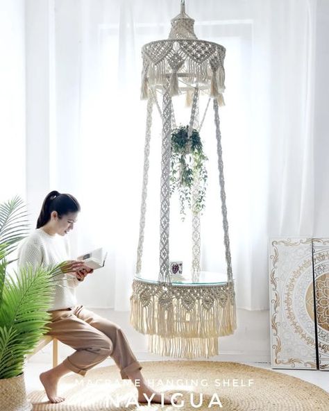 Eva DONG on Instagram: "🌴 share🌴 macrame hanging shelf // This hanging table has a touch of vintage style. Hope you will like it ! #macramelove #macrame #macramedesign #macramemakers #modernmacrame #homedecor #interiorstyle #handmade #textile #fiberdesign #fibersculpture #knotart #fiberart #rope #ropeart #knots #cottonrope #bohochic #bohomian #bohomianstyle #bohomianinterior #homeinterior #interiordesign #macramecommunity #interior123 #interior4all #cornerofmyhome #interior12follow #手工艺 #手工" Macrame Hanging Tables, Hanging Macrame Table, Macrame Hanging Table Diy, Macrame Shelf Hanging Shelves, Macrame Hanging Table, Macrame Furniture, Vintage Macrame Patterns, Macrame Hanging Shelf, Girly Room Decor