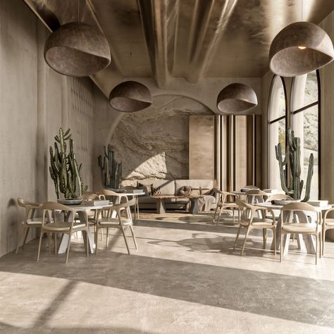 Future Oasis Restaurant in Cairo, Egypt|Visualization Desert Theme Restaurant, Desert Restaurant Design, Oasis Interior Design, Desert Restaurant, Hotel Proposal, Countryside Restaurant, Wabi Sabi Restaurant, Oasis Restaurant, Wabi Sabi Interior Design