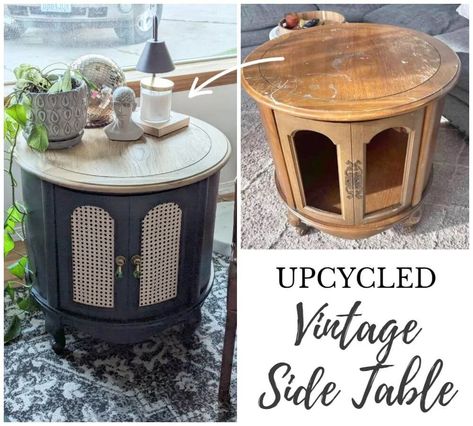 Upcycled Vintage Side Table Side Table Upcycle, Side Table Redo, Mcm Side Table, Coffee Table Redo, Upcycle Wood, Furniture Makeover Inspiration, End Table Makeover, Round Wood Side Table, Side Table Makeover