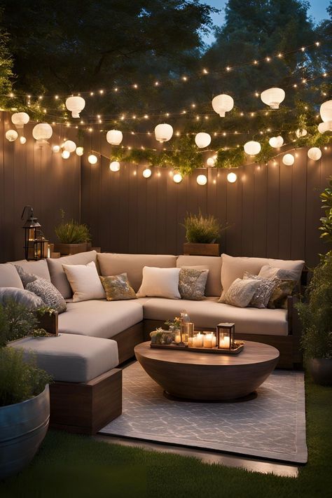 Patio lit with string lights and lanterns, creating a cozy and inviting outdoor atmosphere. Outdoor Solar Lighting Ideas, Cozy Backyard Ideas, Backyard Lighting Ideas, House Lighting Outdoor, Patio Pictures, Cozy Backyard, Backyard Paradise, Backyard Lighting, Solar Lanterns