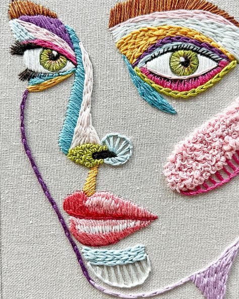 After a month of stitching mushrooms, it was time for something new. #embroidery #embroideryart #handembroidery #modernembroidery #embroideryportraits #portrait #art #fiberart #damngoodstitch #dmcembroidery Portrait Embroidery, Embroidery Hoop Crafts, Embroidered Portrait, Abstract Embroidery, New Embroidery, Hand Embroidery Projects, 자수 디자인, Sewing Embroidery Designs, Modern Embroidery