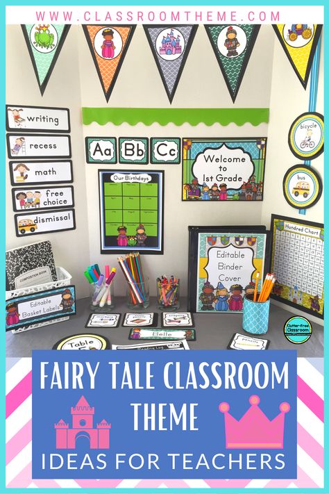 A fairy tale classroom theme is colorful and whimsical, just like the stories included in this genre.Teachers love this theme because they have the flexibility to choose if they want to create a nature-inspired learning environment with a setting in a forest with flowers and lots of sunshine or one that has a more modern feel with watercolor or pastel colors. They can customize it to what they envision for their classroom!This theme works for both lower and upper elementary students. Fairy Tale Classroom Theme, Fairy Tale Classroom, Genre Activities, Classroom Theme Ideas, Classroom Decor Ideas, Clutter Free Classroom, Basket Labels, Fairy Tale Theme, Printable Classroom Decor