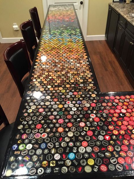 Custom Countertops, Custom Bottle, Smart Tiles, Bottle Cap Art, Beer Caps, Bottle Cap Crafts, Cap Collection, Man Cave Ideas, Diy Bar