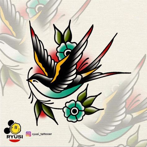 Traditional Tattoo Banner, Traditional Swallow Tattoo, Bird Hand Tattoo, Traditional Tattoo Outline, Swallow Tattoo Design, Abstract Tattoo Ideas, Traditional Tattoo Flash Art, Traditional Tattoo Inspiration, American Traditional Tattoo Ideas