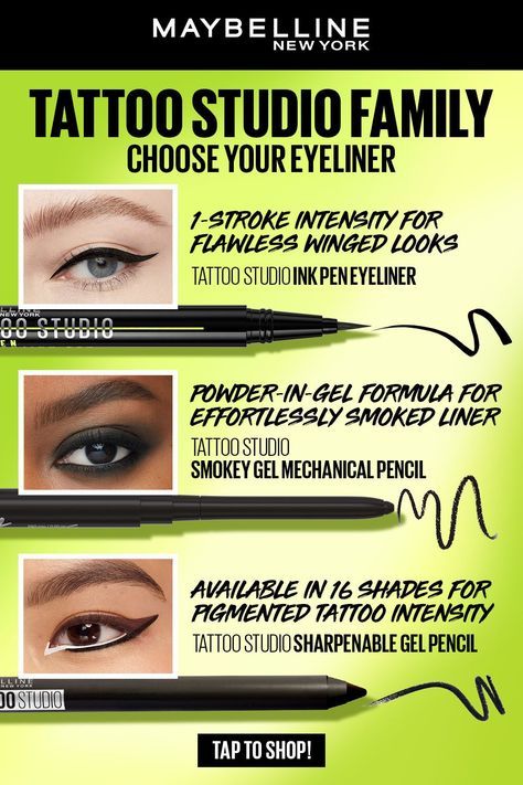 Which liner is your pick? Tattoo Studio Ink Pen Eyeliner delivers an intense flawless winged look with just one stroke! Smokey Gel Mechanical Pencil is formulated with a powder-in-gel formula for an effortlessly smokey result. Tattoo Studio Sharpenable Gel Pencil delivers intense pigments and is available in 16 shades! Tap this pin to shop! Eyeshadow As Eyeliner, Maybelline Eyeliner, Classic Eyeliner, Pen Eyeliner, Bold Eyeliner, Eyeliner Designs, Maybelline Tattoo, New York Tattoo, Eyeliner Waterproof