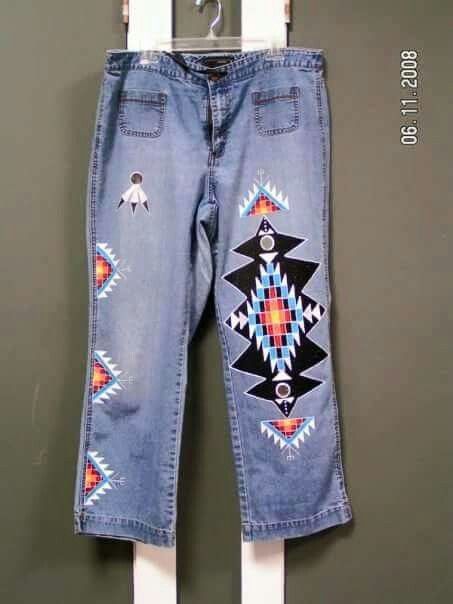 Native Clothing Women Style, Ribbon Pants Native American, Native Jingle Dress Powwow Regalia, Navajo Ribbon Skirt, Old Style Jingle Dress Regalia, Muskogee Creek, Women's Traditional Regalia Pow Wow, Painted Clothes Diy, Native American Beadwork Patterns