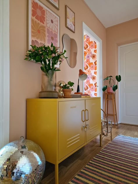 Mustard Made Locker, Mustard Locker, Narrow Hallway Decor, Colourful Eclectic, Storage Hallway, Colorful Apartment, Blenheim Palace, Rental Apartment, Pc Setups