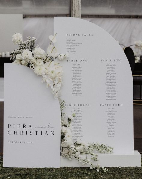 Unique Seating Chart Wall, Reception Props Fun, Decor Needed For Wedding, Modern Welcome Table Wedding, White Seating Chart Wedding, Wedding Signs Bar, Beach Wedding Signage, Wedding Guest Table Ideas Seating Charts, Seating Chart Wedding Ideas Elegant