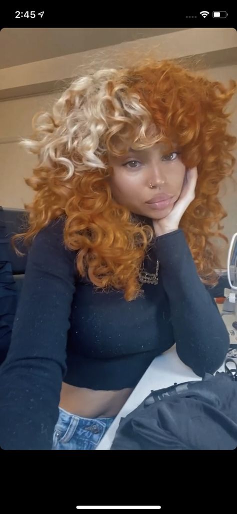 Show-Stopping Afro Hairstyles for Women Curly Hair Bright Colors, Red Hair With Blonde Skunk, Orange And Blonde Curly Hair, Burnt Orange And Blonde Hair, Orange And Black Curly Hair, Copper And Blonde Hair Curly, Red Blonde Curly Hair, Ginger Hair With Blonde Skunk Stripe, Red And Blonde Hair Color Curly