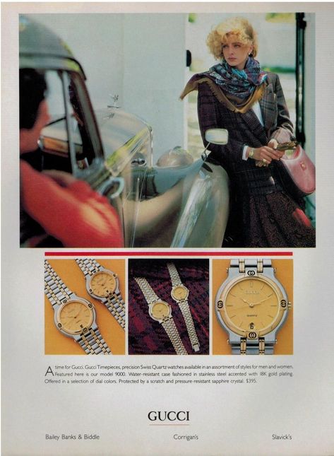 Gucci Advertisement, Gucci Ad, Vintage Campaign, Gucci Watches, Fashion 1980s, Museum Fashion, Beauty Ad, Gucci Fashion, Milan Fashion Weeks