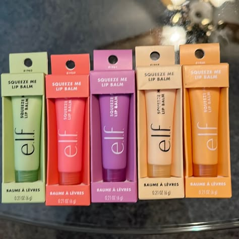 Elf Squeeze Me Lip Balm In All Flavors Honeydew Strawberry Grape Vanilla Frosting And Peach Has A Hint Of Color Preppy Products, Preppy Makeup, Makeup Bag Essentials, Sephora Skin Care, Bday Wishlist, Perfect Skin Care Routine, Elf Cosmetics, Elf Makeup, Makeup Needs