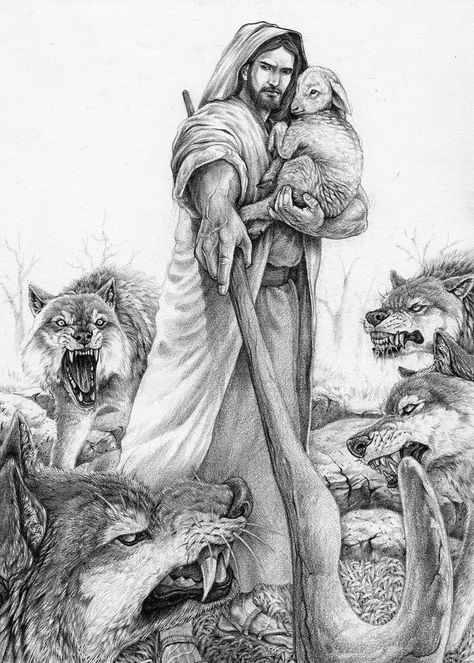 Love this picture of Jesus protecting the lamb from the wolves. We all are the lamb at times and Jesus is always with us no matter what protecting us and holding us his arms through the hard times and good times!💛✝️🙏🏻 Jesus Drawings, Pictures Of Christ, Jesus Christ Art, Prophetic Art, Pictures Of Jesus Christ, Ayat Alkitab, Jesus Christ Images, The Good Shepherd, Biblical Art