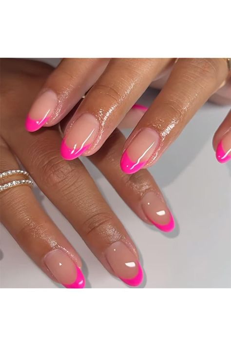 Top Dominican Nail Designs for Summer 2024 Medium Length Almond Nails French Tip, Bright Pink Nails French Tip, Cute Acrylic Nails Spring, Spring Break Nail Ideas French Tip, Bright Pink Tip Nails, Bright Pink French Nails, Nude And Pink Nail Designs, French Manicure Hot Pink, Neon Pink Tip Nails