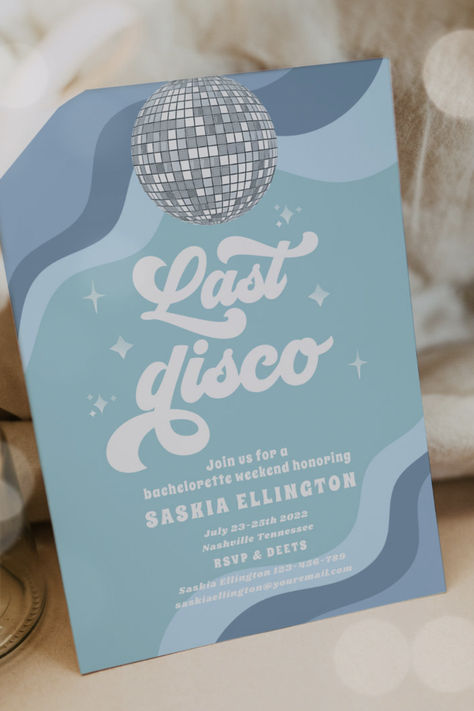 Blue Retro Last Disco Bachelorette Party Invitation Mamma Mia Karaoke Party, Disco And Denim Party, Abba Hens Party, Denim And Disco Theme, Abba Themed Bachelorette Party, Bachelorette Party Themes Disco, Retro Disco Party Decor, Blue Hen Party, Last Disco Hen Party