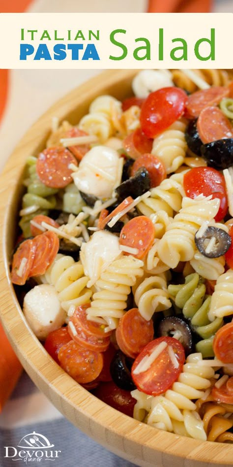 Pepperoni Pasta Salad, Cold Italian Pasta Salad, Colored Noodles, Tri Color Pasta Salad, Pepperoni Pasta, Potluck Salad, Mozzarella Balls, Italian Pasta Salad, Cold Pasta Salad Recipes