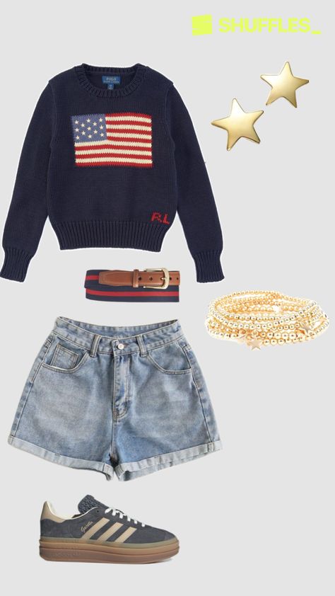 #fourthofjuly #july4th #summer #outfitinspo #gazelles #america #americanflagsweater #dadshorts #starearrings #patriotic Americana Outfits, Fourth Of July Outfit, Loose Pullover Sweater, Flag Pattern, Patriotic Outfit, Round Neck Sweater, 4th Of July Outfits, Loose Pullover, Round Neck Sweaters