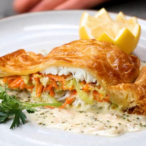 Wolfgang Puck's Sea Bass In Puff Pastry Recipe by Tasty Salmon Wellington Recipe, Wolfgang Puck Recipes, Salmon Wellington, Wolfgang Puck, Turkey Recipe, Puff Pastry Recipes, Sea Bass, Pastry Recipes, Puff Pastry